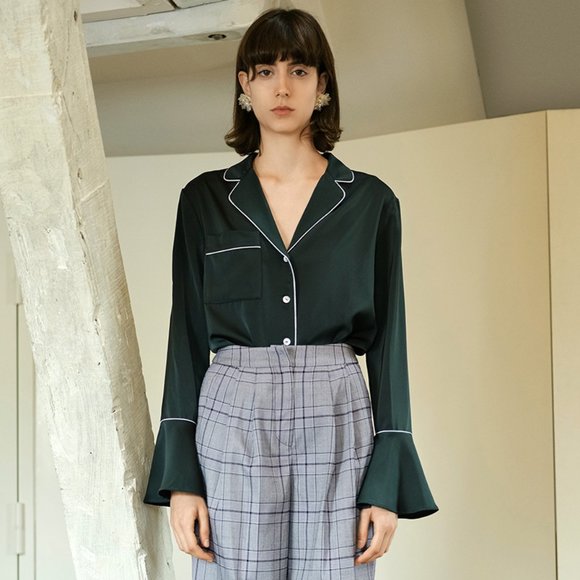 NWOT Simple Retro Dark Green Blouse - Picture 2 of 12